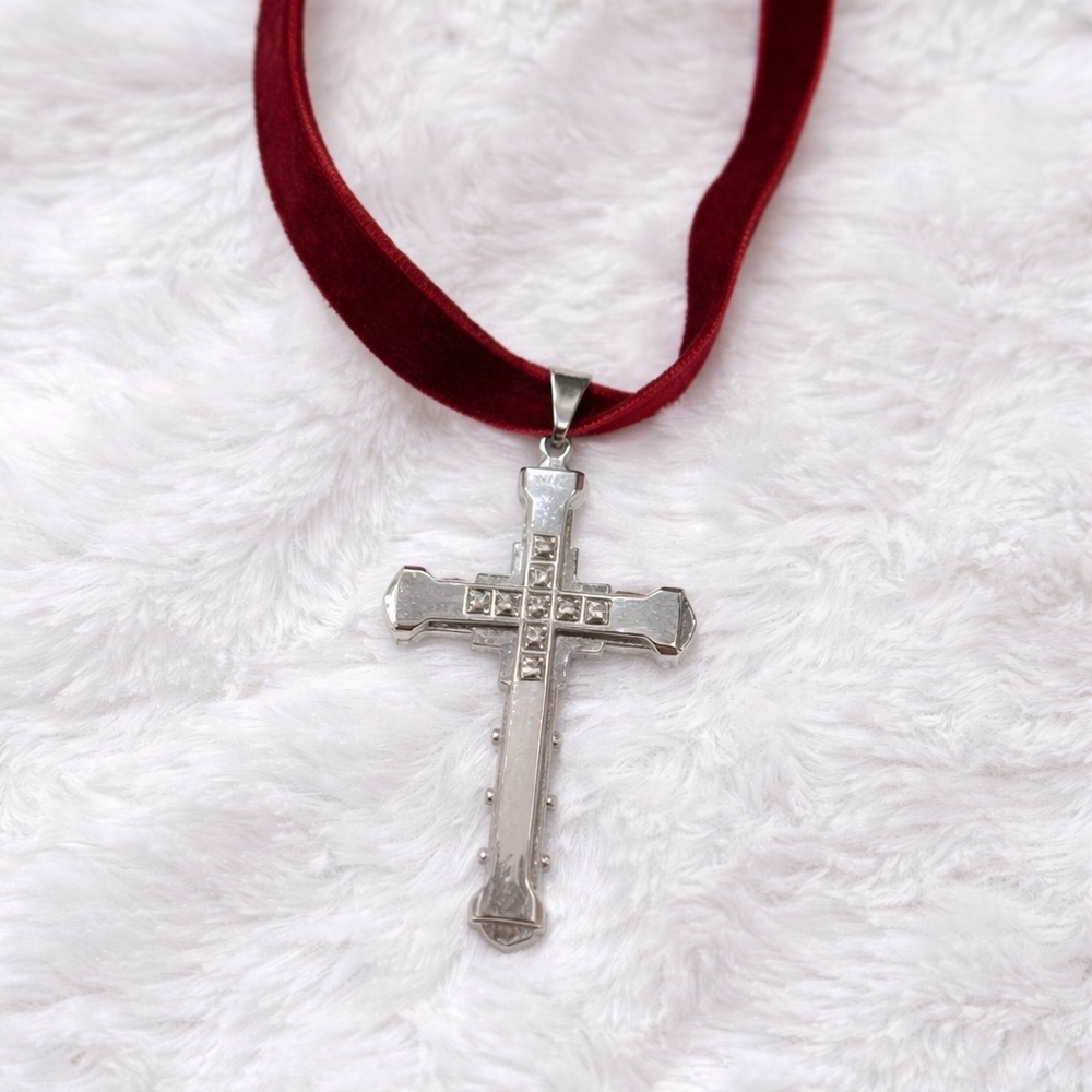 Silver Cross Pendant Necklace on Burgundy Velvet Ribbon